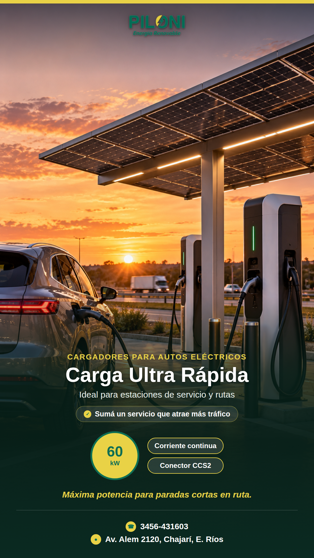 Cargador ultra rápido 60kW para estaciones de servicio y rutas - Piloni Energía Renovable